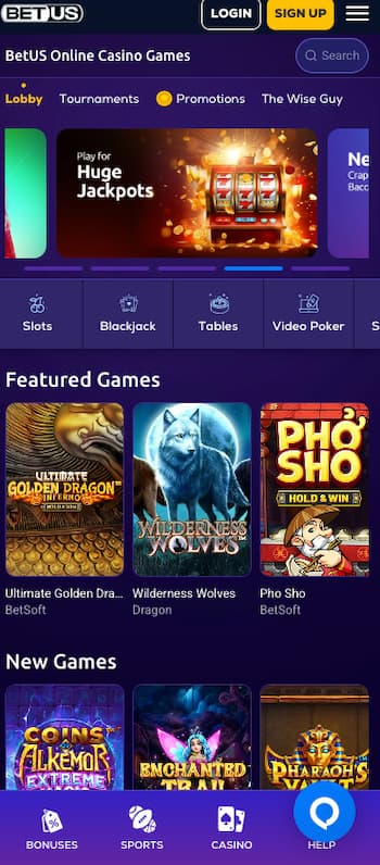 Display from BetUS, a major player among the best gambling apps.